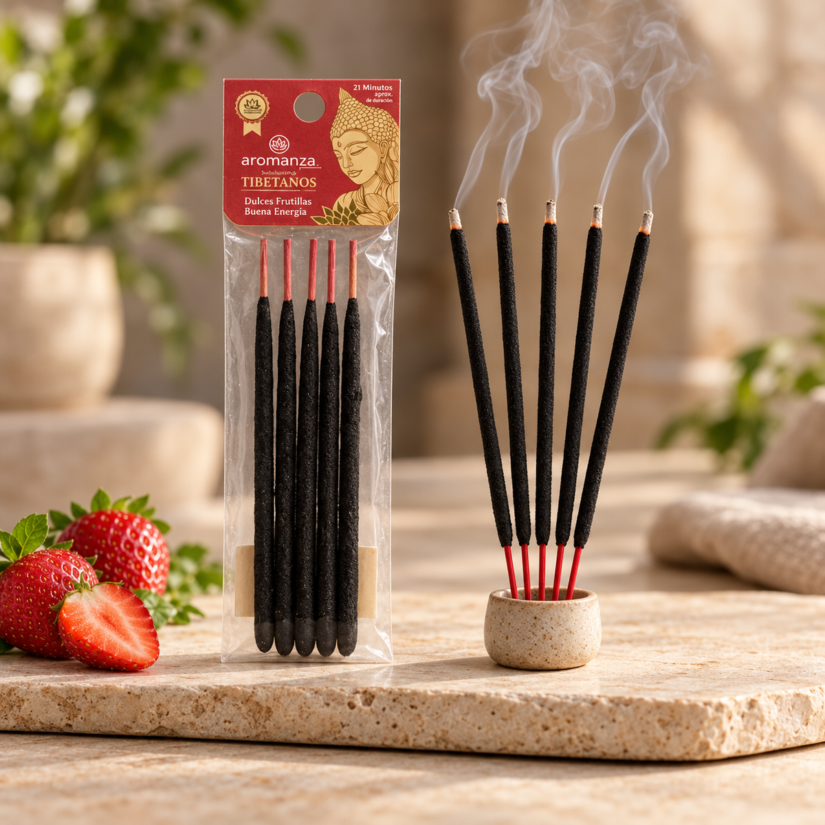 Incienso tibetano Dulces Frutillas AROMANZA en bolsita de 5 varitas