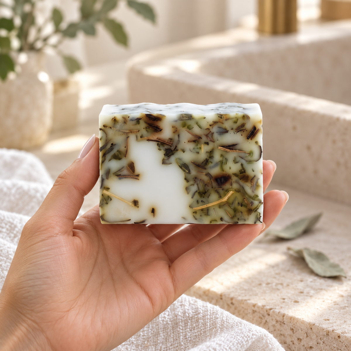 Jabón artesanal IGNIS de salvia blanca sostenido en una mano, escena lifestyle