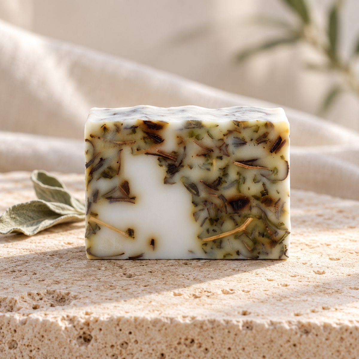 Jabón artesanal IGNIS de salvia blanca en una composición elegante de estilo Nivara