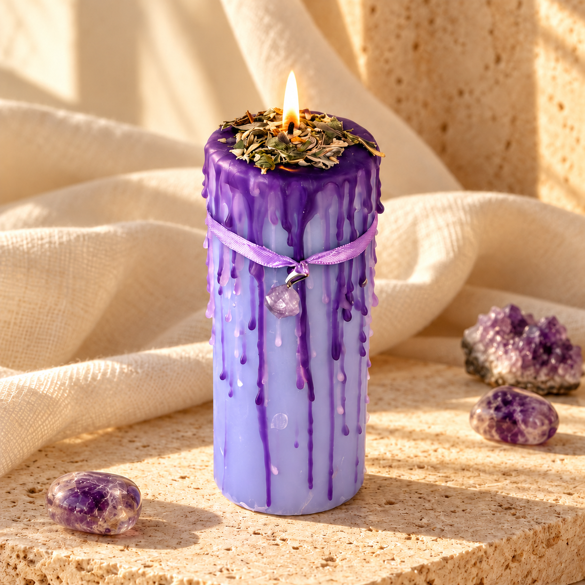 Velón ritual Mineral Amatista de IGNIS encendido