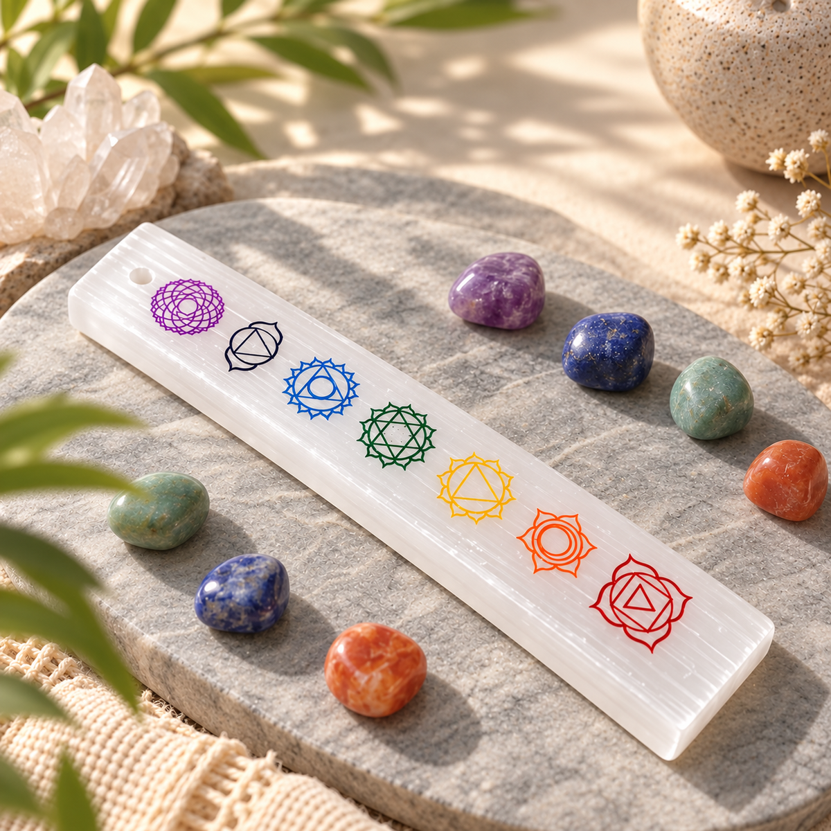 Detalle del portaincienso de selenita 7 Chakras MINERALSOUL