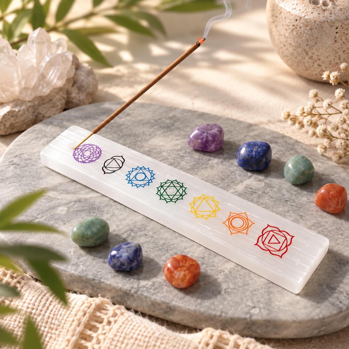 Portaincienso de selenita 7 Chakras MINERALSOUL con varita encendida