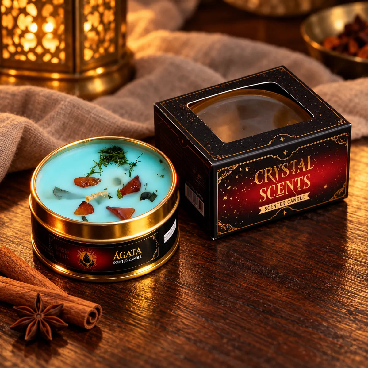Vela Crystal Ágata AROMA sin encender con su caja
