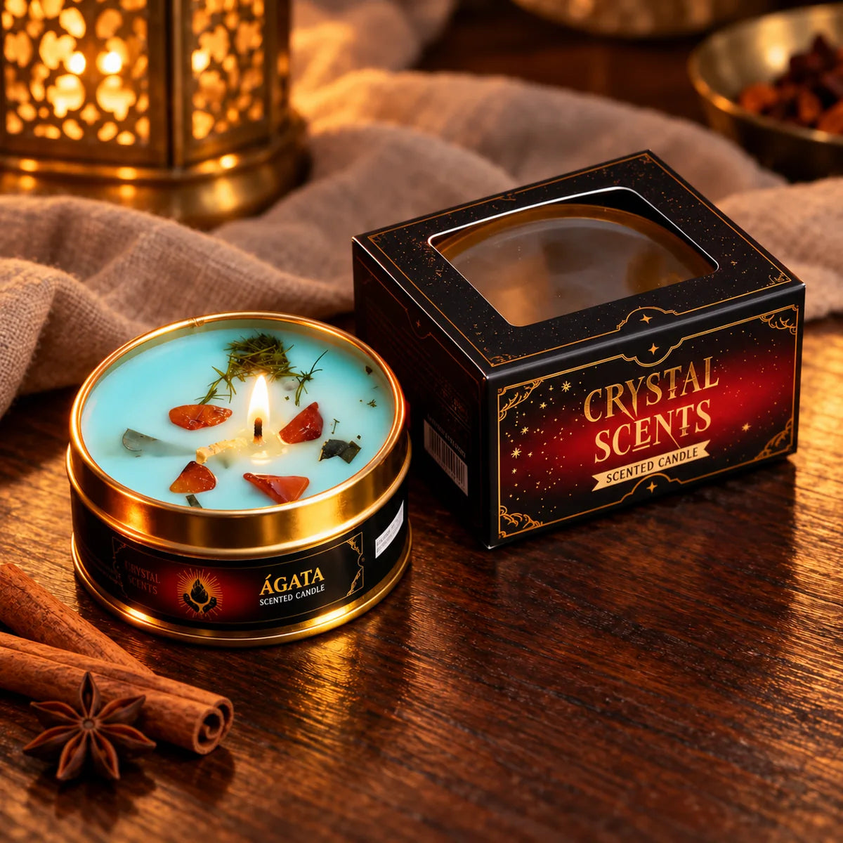 Vela Crystal Ágata AROMA encendida con su caja