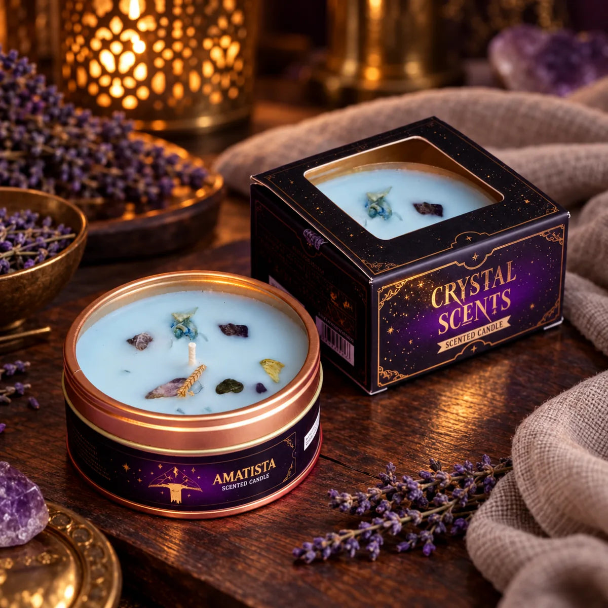 Vela Crystal Amatista AROMA de lavanda francesa, 65 g – sin encender con su caja