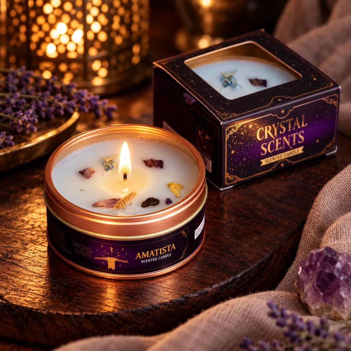 Vela Crystal Amatista AROMA de lavanda francesa, 65 g – encendida con su caja