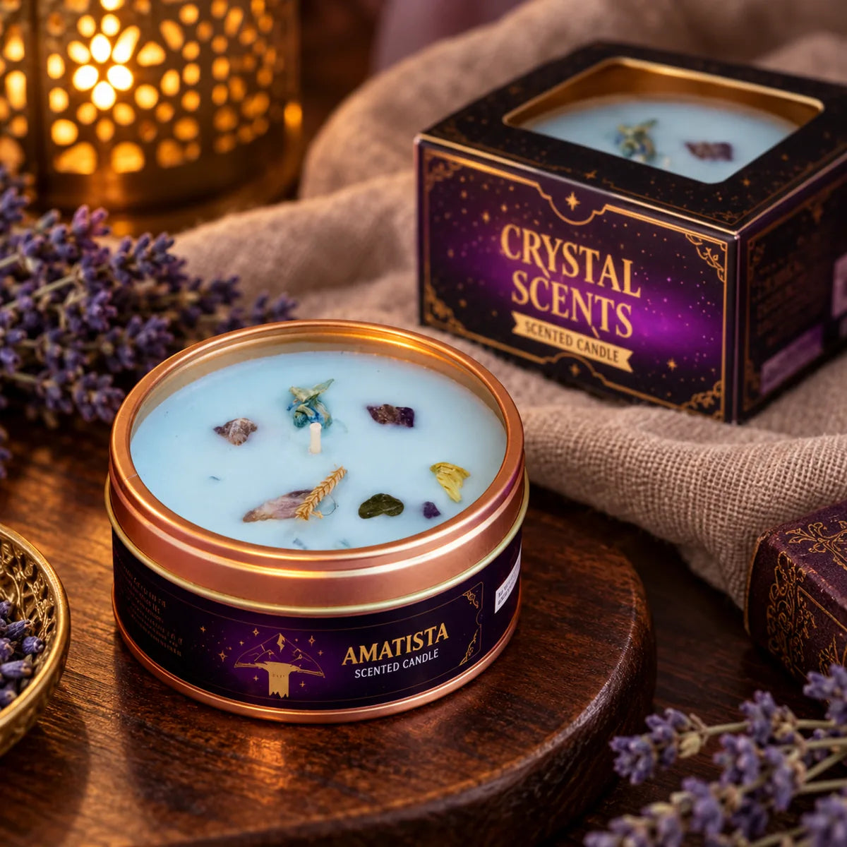 Vela Crystal Amatista AROMA de lavanda francesa, 65 g – detalle de la cera, minerales y hierbas