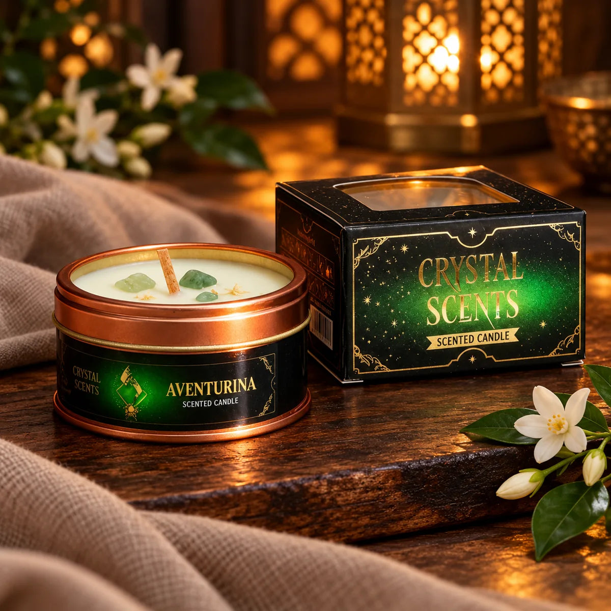 Vela Crystal Aventurina AROMA de jazmín, 65 g – sin encender con su caja