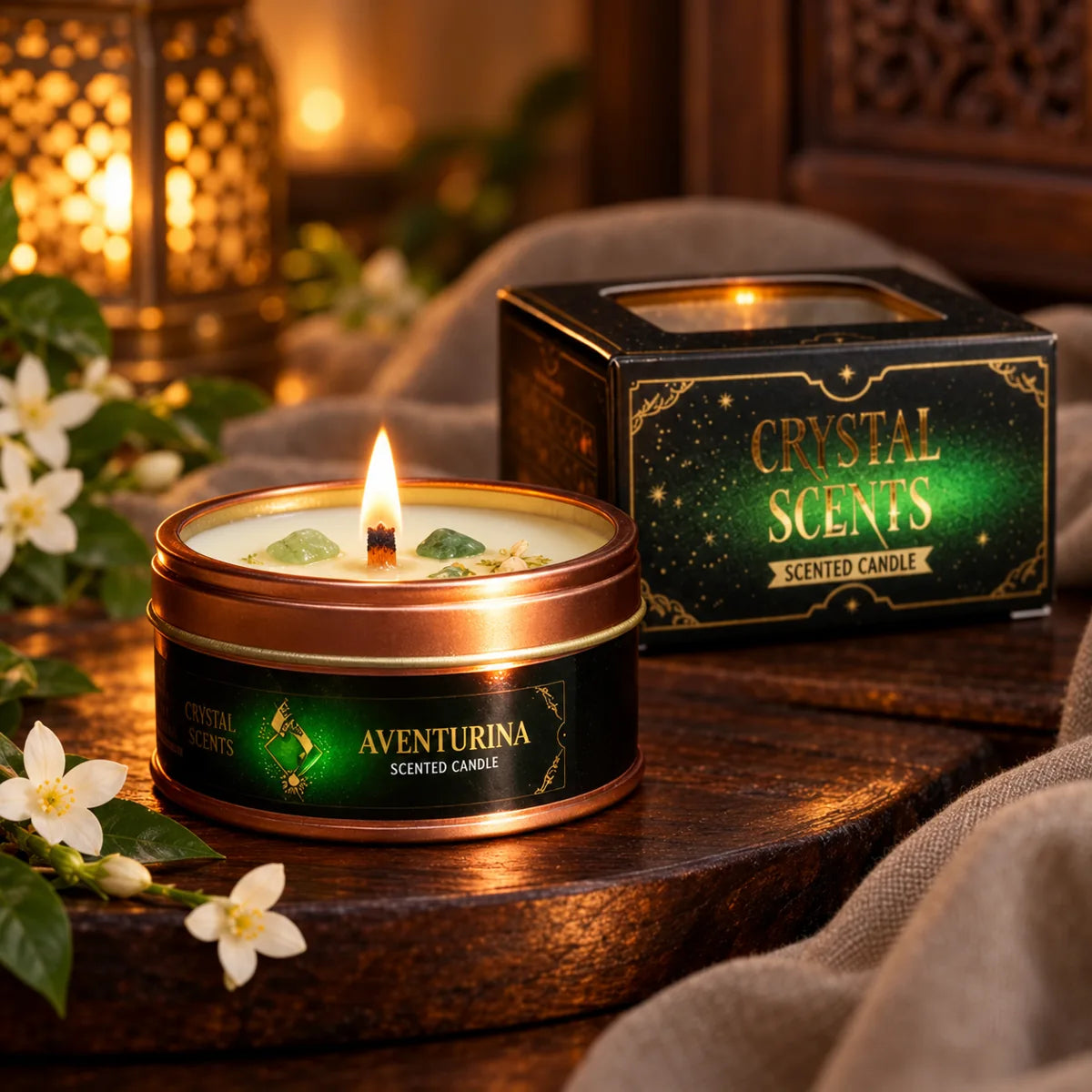 Vela Crystal Aventurina AROMA de jazmín, 65 g – encendida con su caja