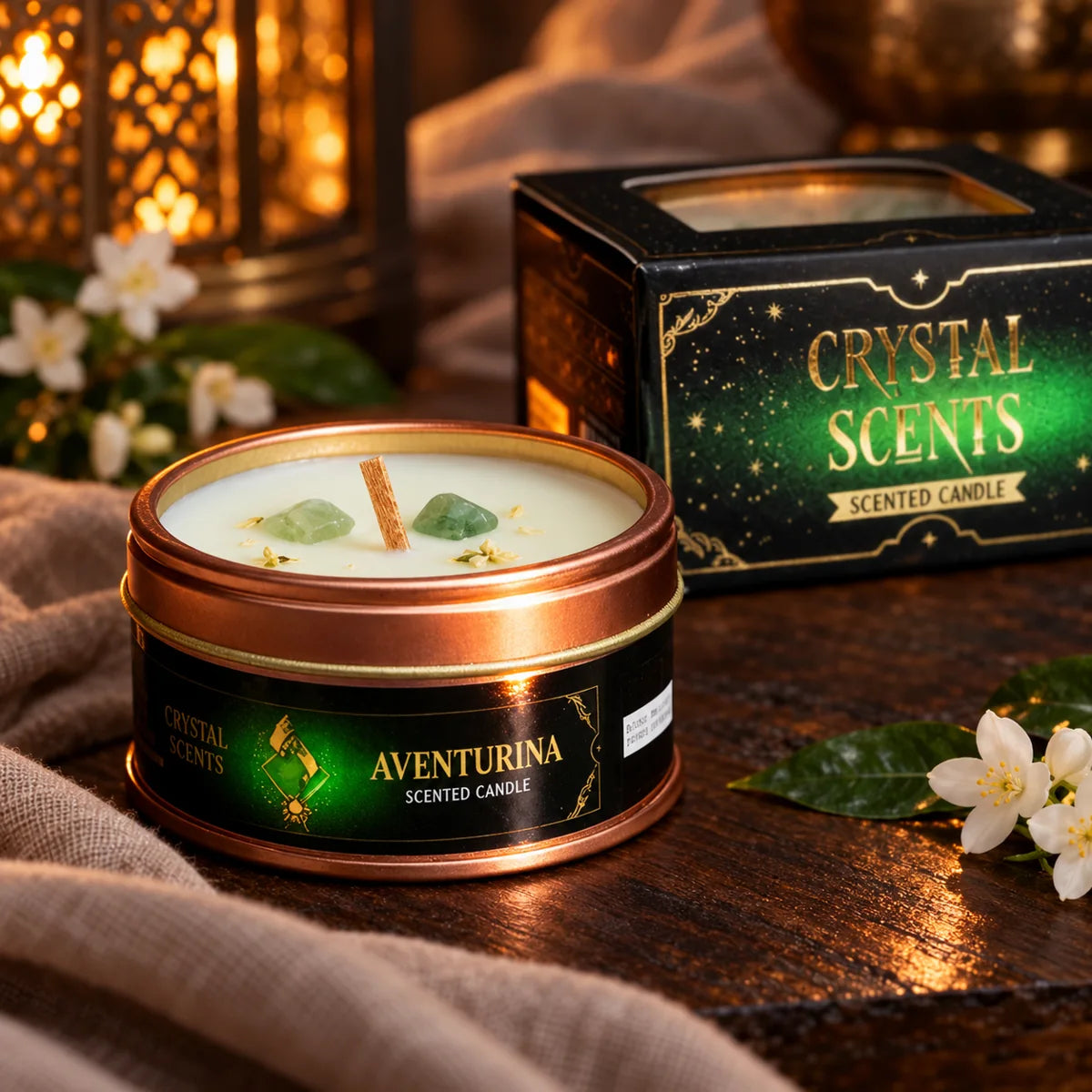 Vela Crystal Aventurina AROMA de jazmín, 65 g – detalle de la cera y los minerales