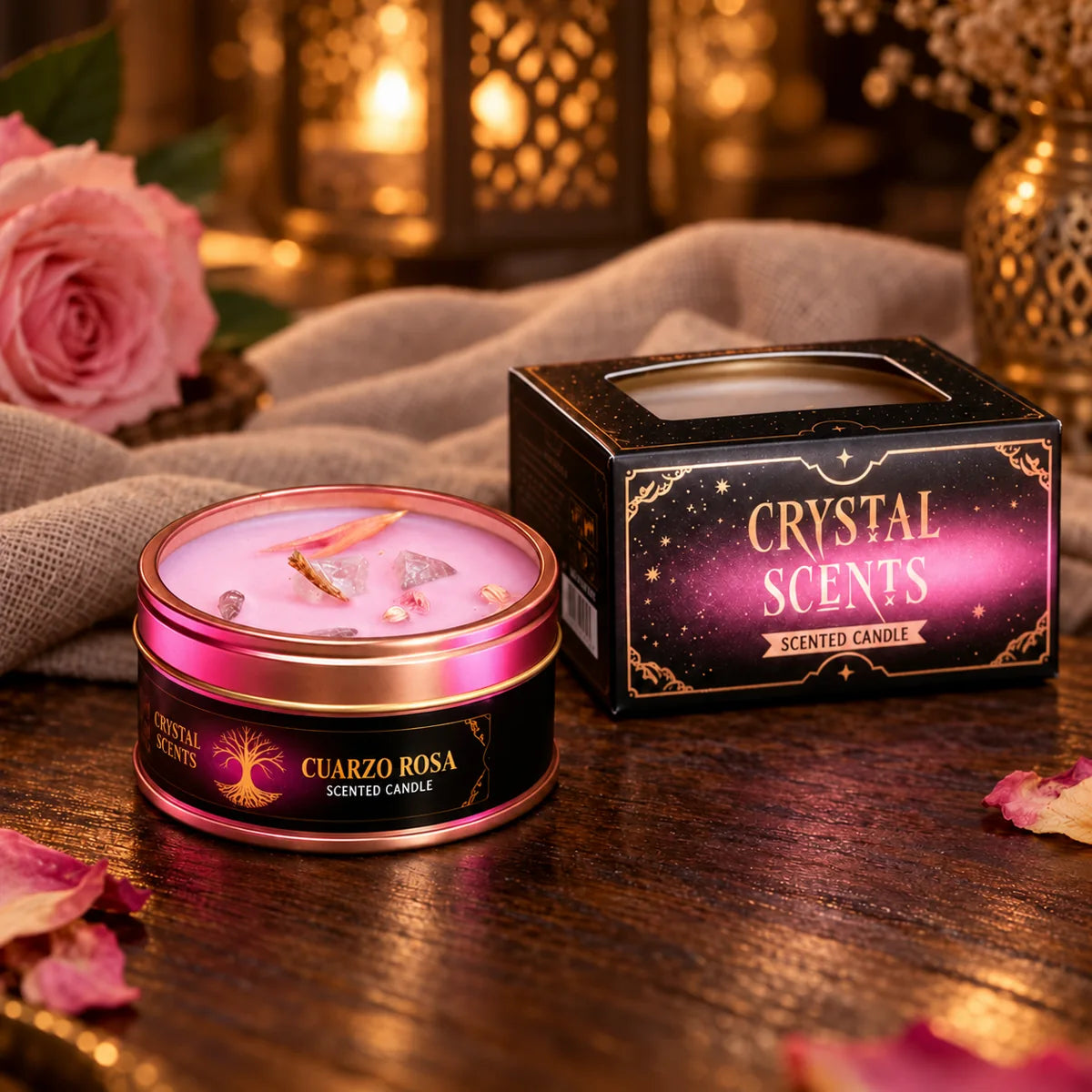 Vela Crystal Cuarzo Rosa AROMA con aroma de rosas, 65 g – sin encender con su caja