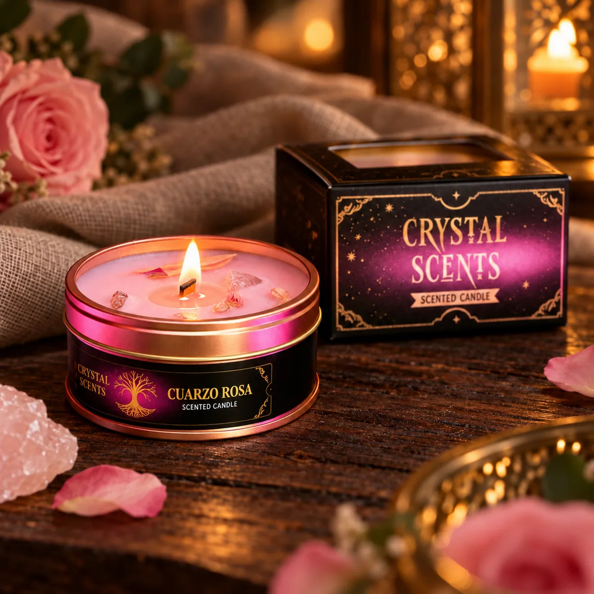 Vela Crystal Cuarzo Rosa AROMA con aroma de rosas, 65 g – encendida con su caja