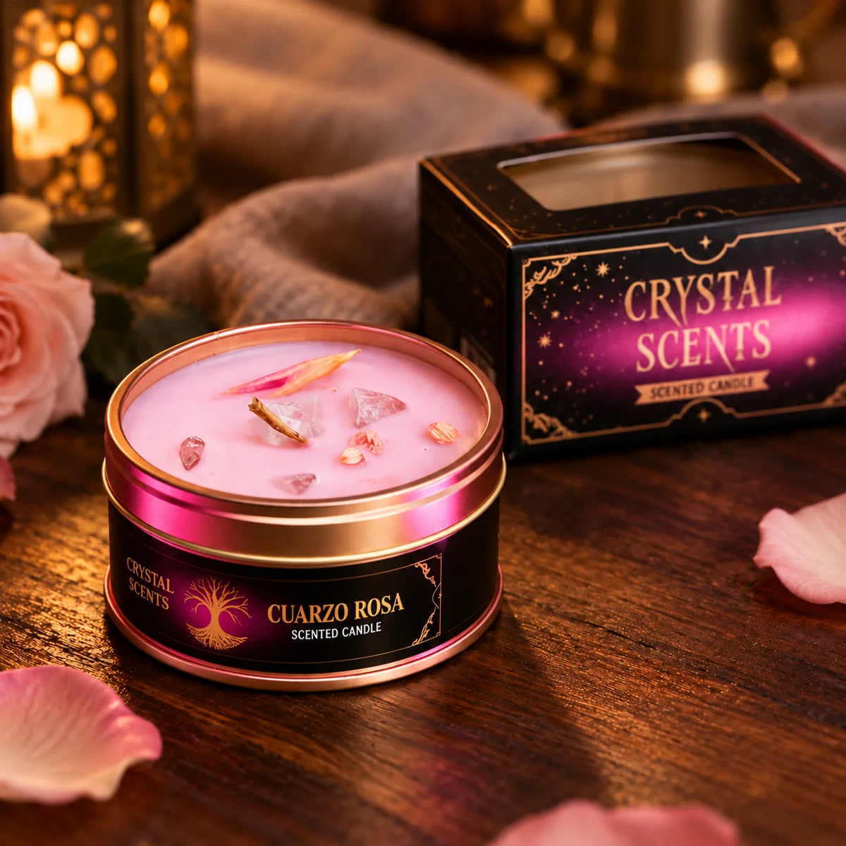 Vela Crystal Cuarzo Rosa AROMA con aroma de rosas, 65 g – detalle de la cera rosa y los minerales