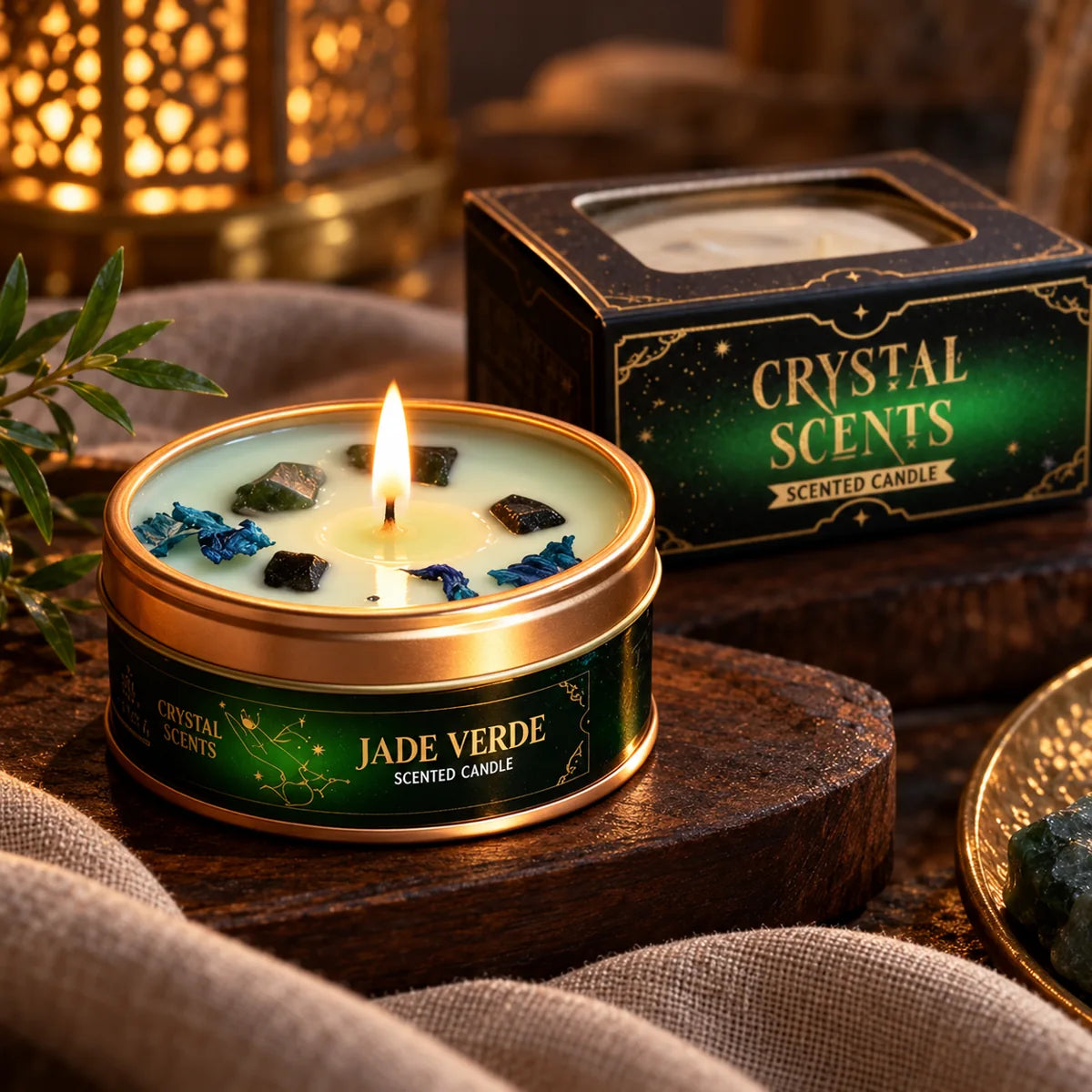 Vela Crystal Jade Verde AROMA de árbol del té, 65 g – encendida con su caja