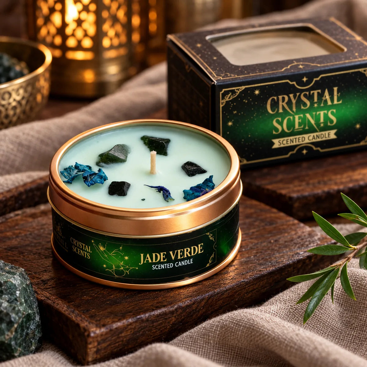 Vela Crystal Jade Verde AROMA de árbol del té, 65 g – detalle de la cera y los minerales