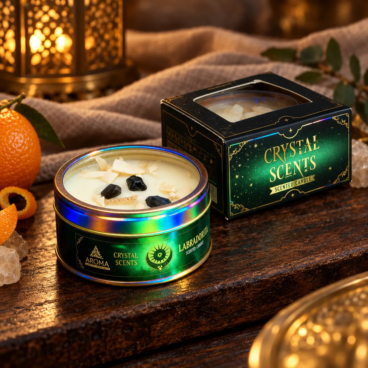 Vela Crystal Labradorita AROMA de naranja, 65 g – sin encender con su caja
