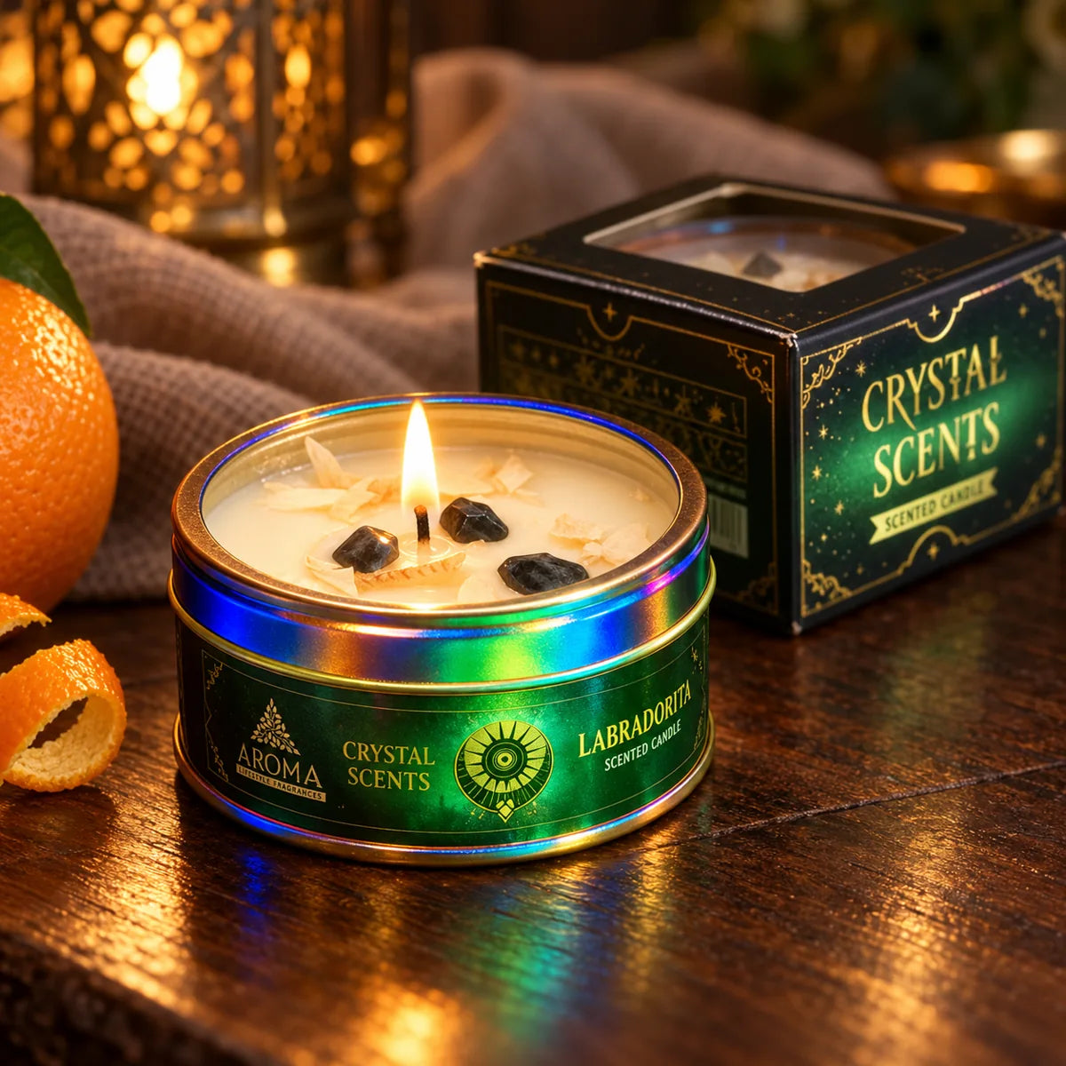 Vela Crystal Labradorita AROMA de naranja, 65 g – encendida con su caja