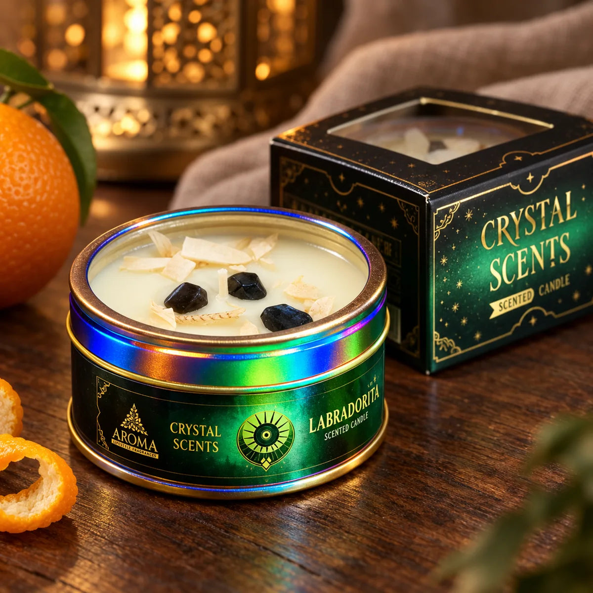 Vela Crystal Labradorita AROMA de naranja, 65 g – detalle de la cera y los minerales