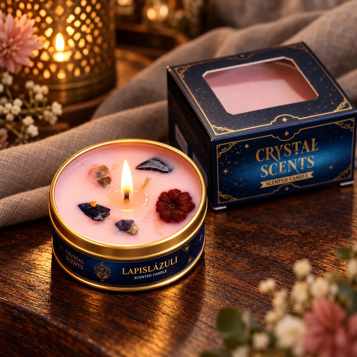 Vela Crystal Lapislázuli AROMA Floral Mix, 65 g – encendida con su caja