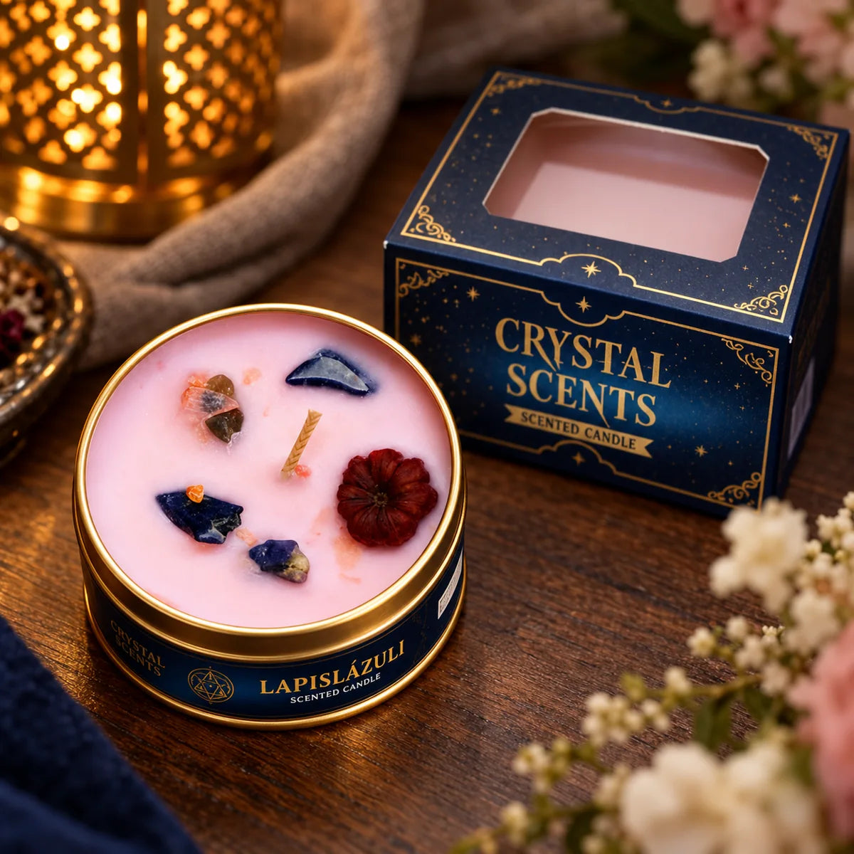 Vela Crystal Lapislázuli AROMA Floral Mix, 65 g – detalle de la cera rosa y los minerales azules