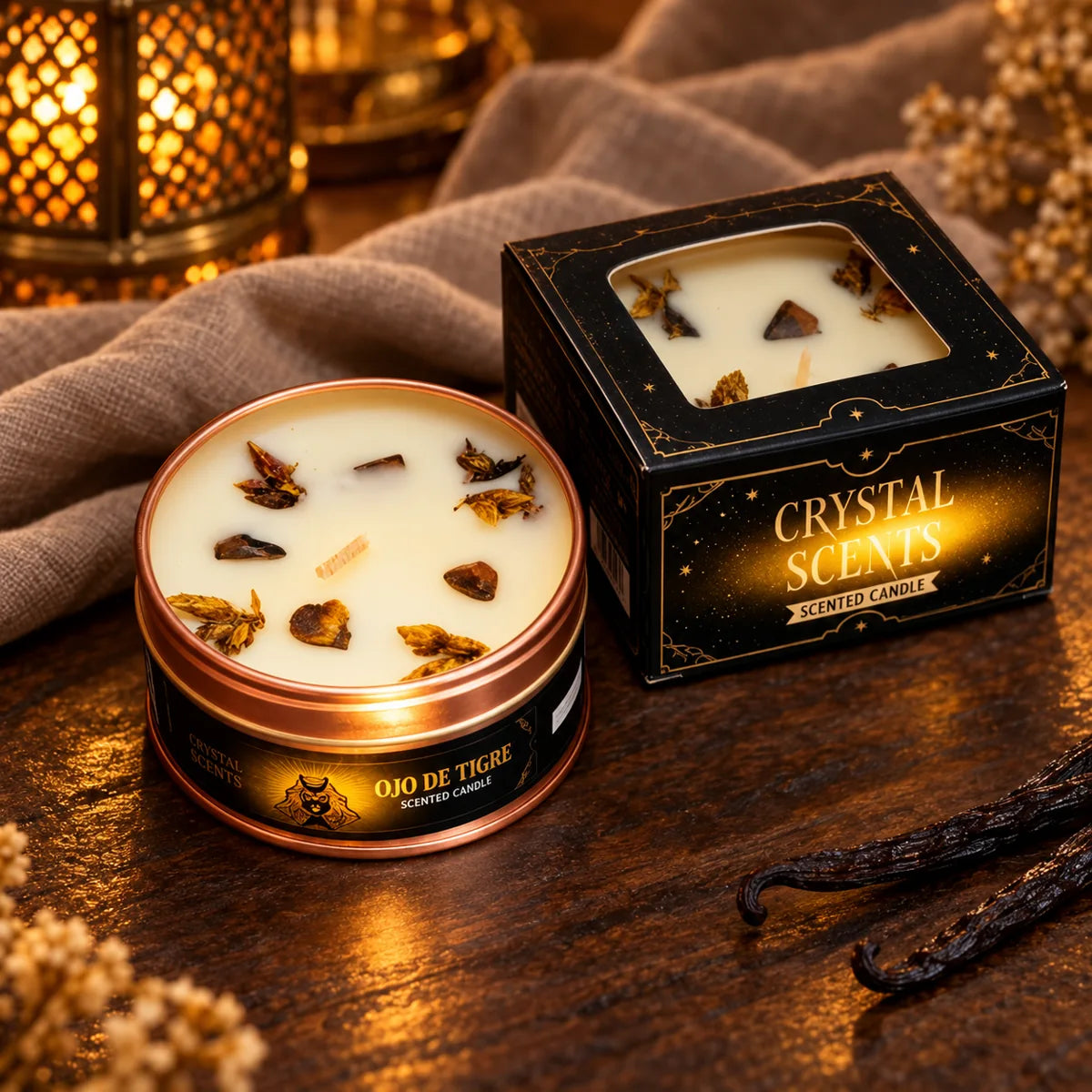Vela Crystal Ojo de Tigre AROMA de vainilla, 65 g – sin encender con su caja