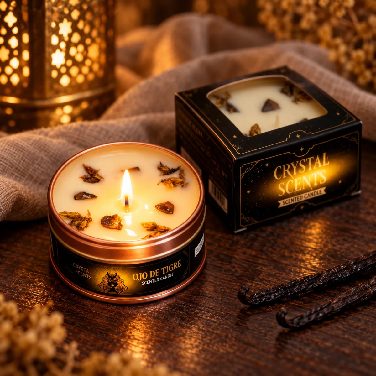 Vela Crystal Ojo de Tigre AROMA de vainilla, 65 g – encendida con su caja
