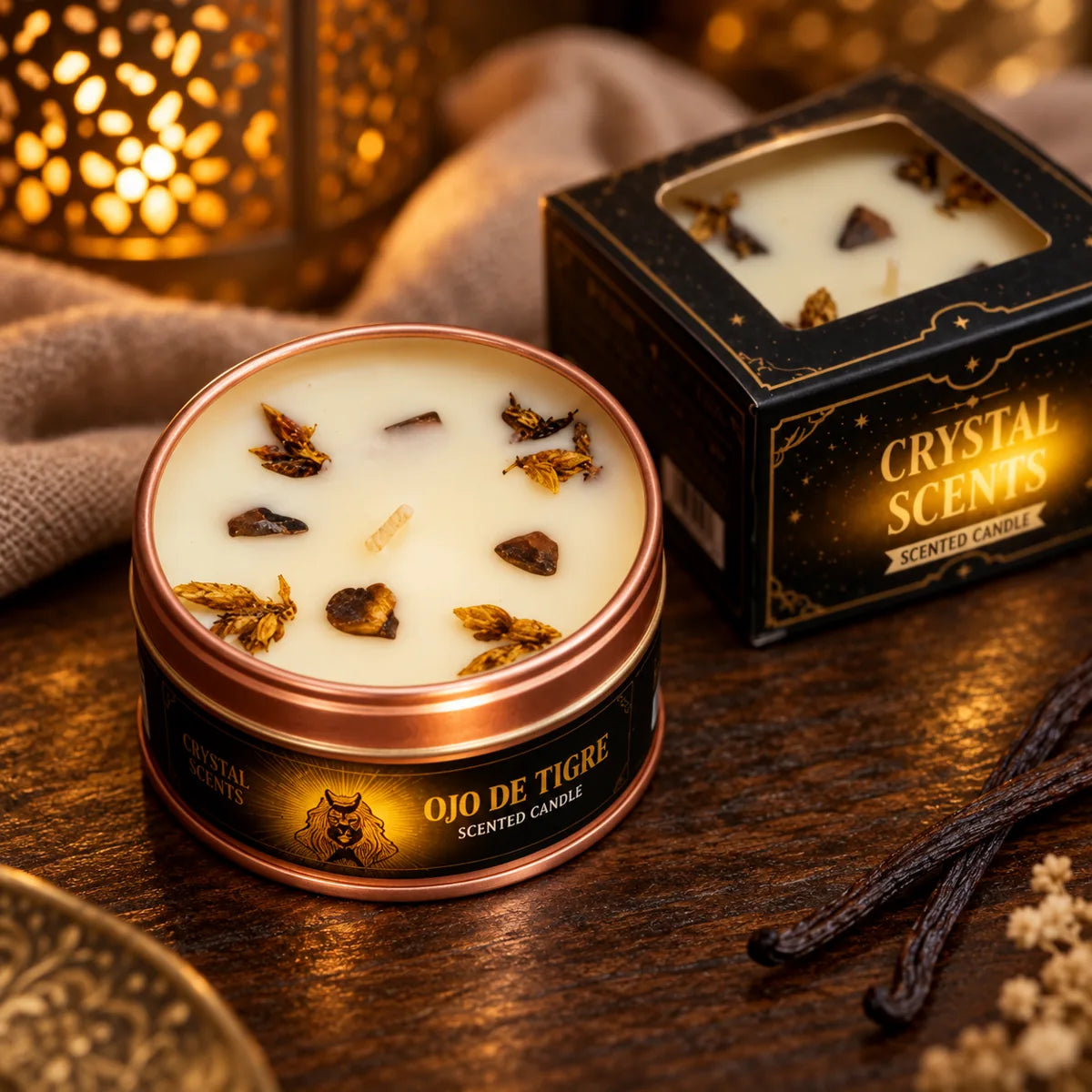 Vela Crystal Ojo de Tigre AROMA de vainilla, 65 g – detalle de la cera y los minerales