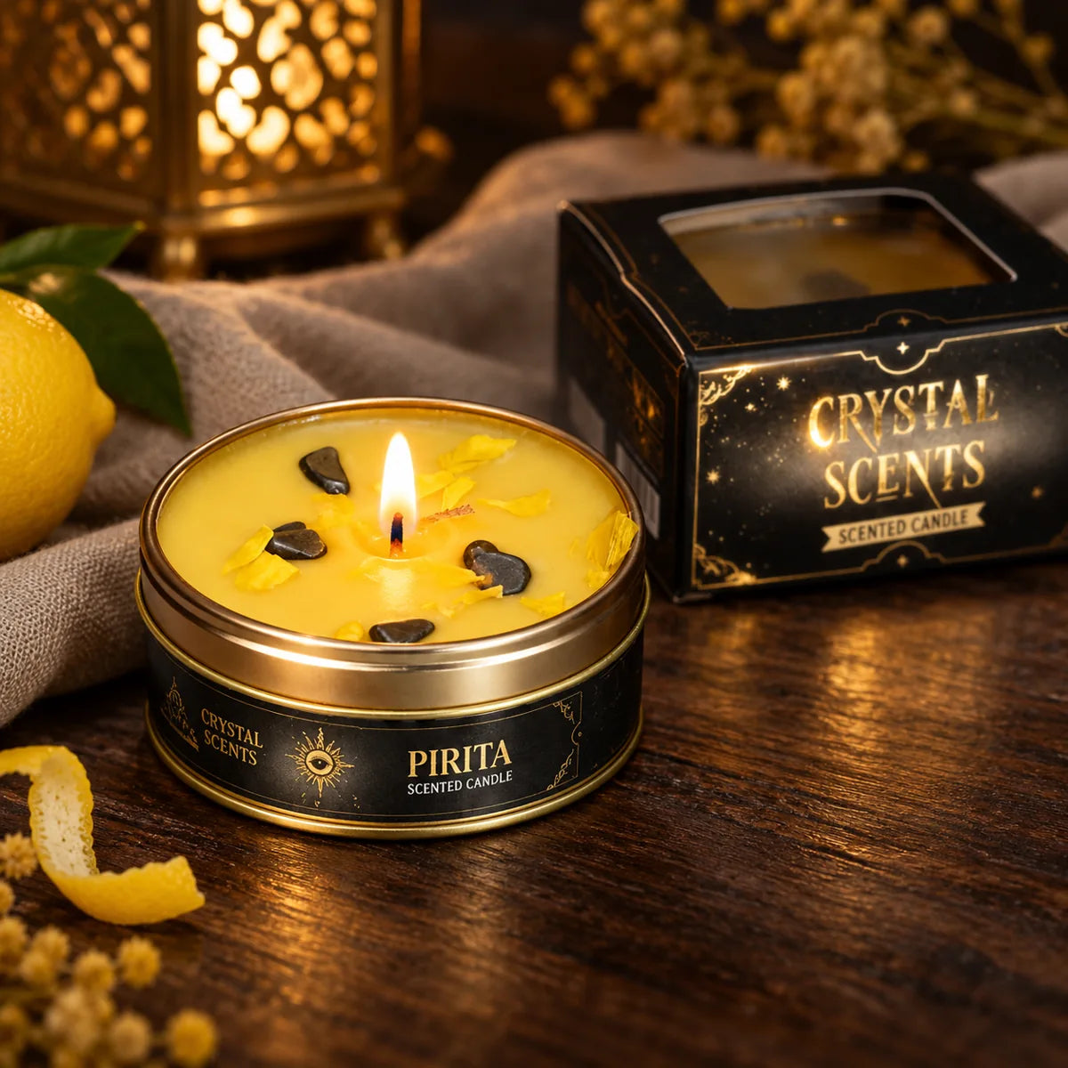 Vela Crystal Pirita AROMA de limón, 65 g – encendida con su caja