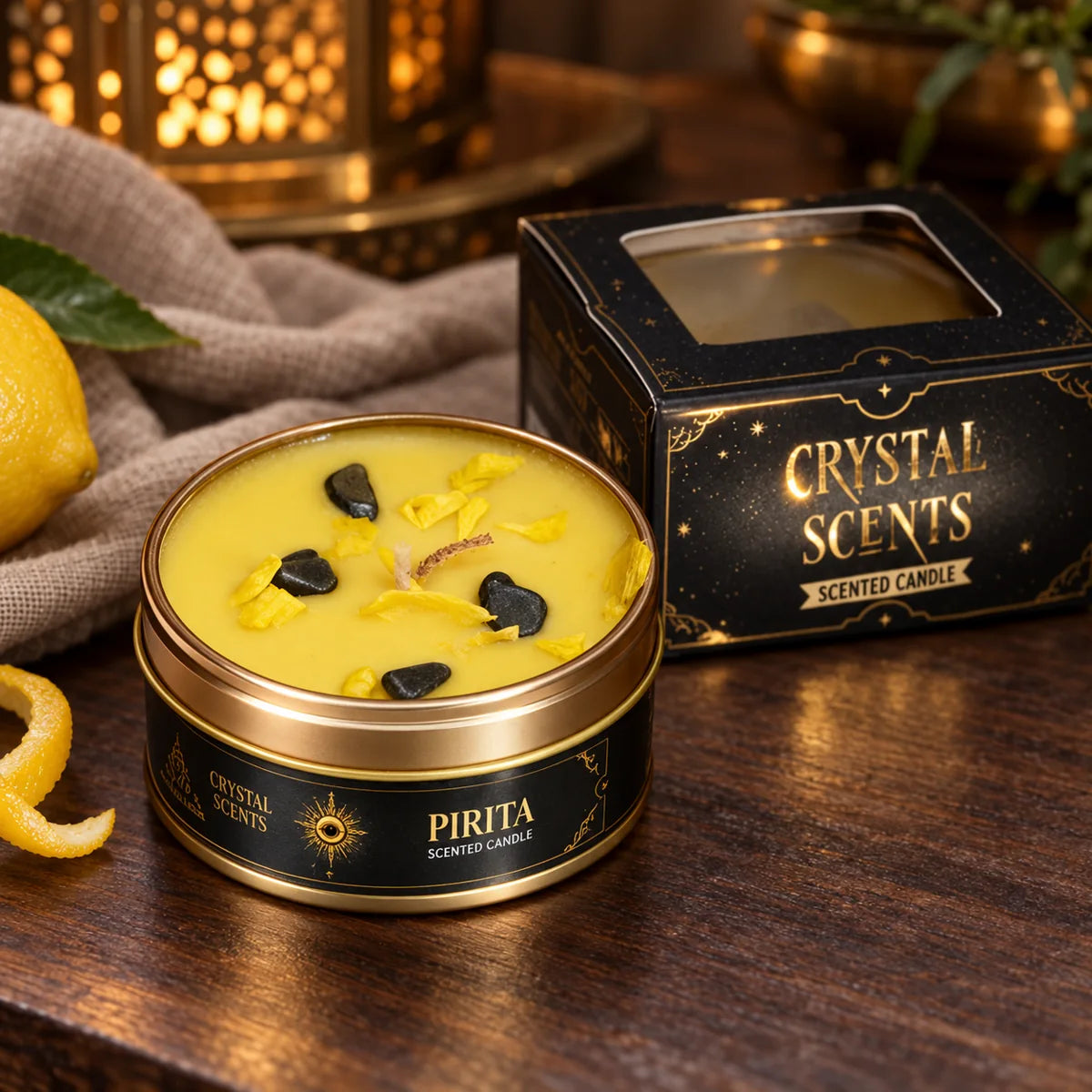 Vela Crystal Pirita AROMA de limón, 65 g – detalle de la cera amarilla y los minerales