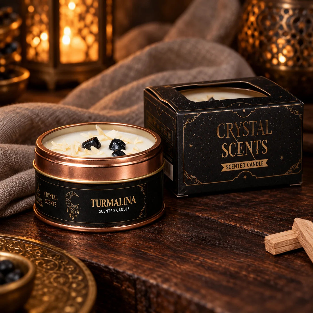 Vela Crystal Turmalina AROMA de sándalo, 65 g – sin encender con su caja