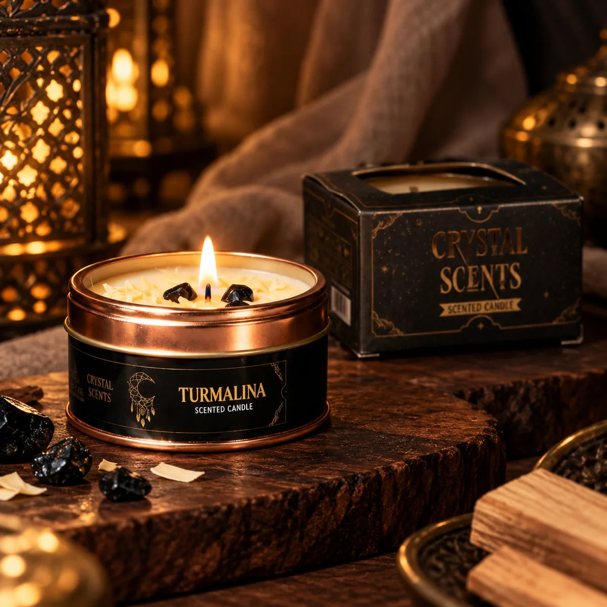Vela Crystal Turmalina AROMA de sándalo, 65 g – encendida con su caja