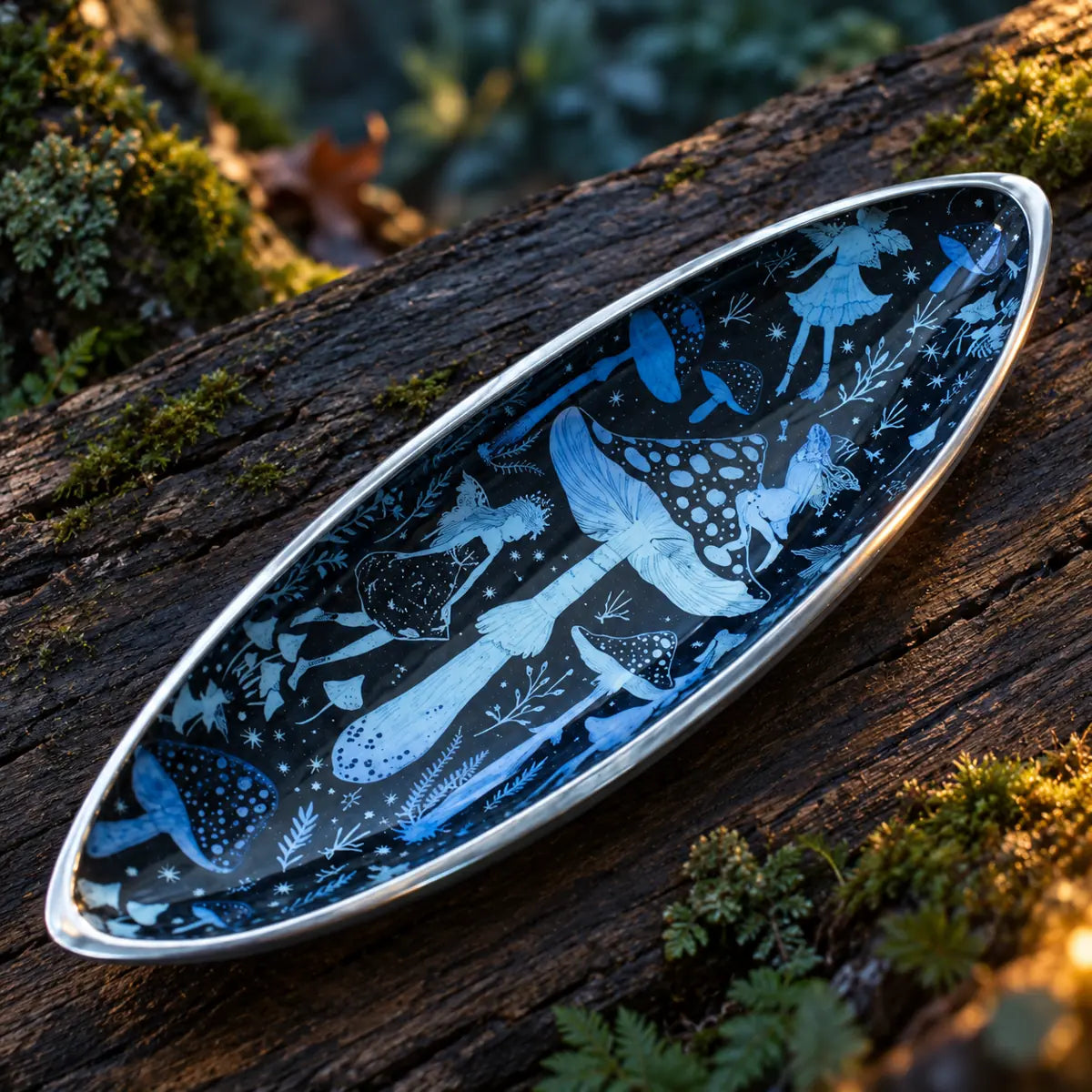 Portaincienso de metal Fantasía Grande SOULBEAUTY – detalle del diseño azul de hadas y setas