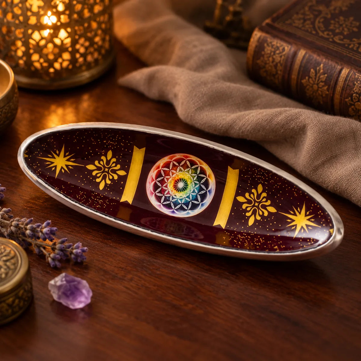Portaincienso de metal Mandala SOULBEAUTY – detalle del mandala multicolor