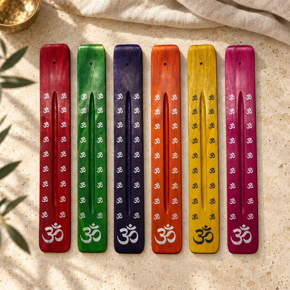 Portainciensos de madera OM SOULBEAUTY en seis colores: rojo, verde, violeta, naranja, amarillo y fucsia