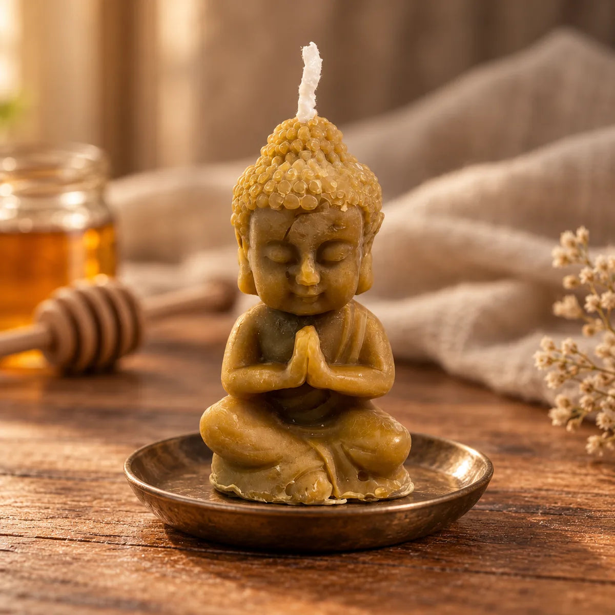Vela de miel Buda Bebé SOULIGHT sin encender, vista frontal en ambiente cálido