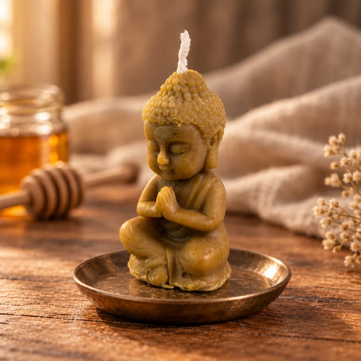 Vela de miel Buda Bebé SOULIGHT sin encender, vista lateral y detalle de la cera