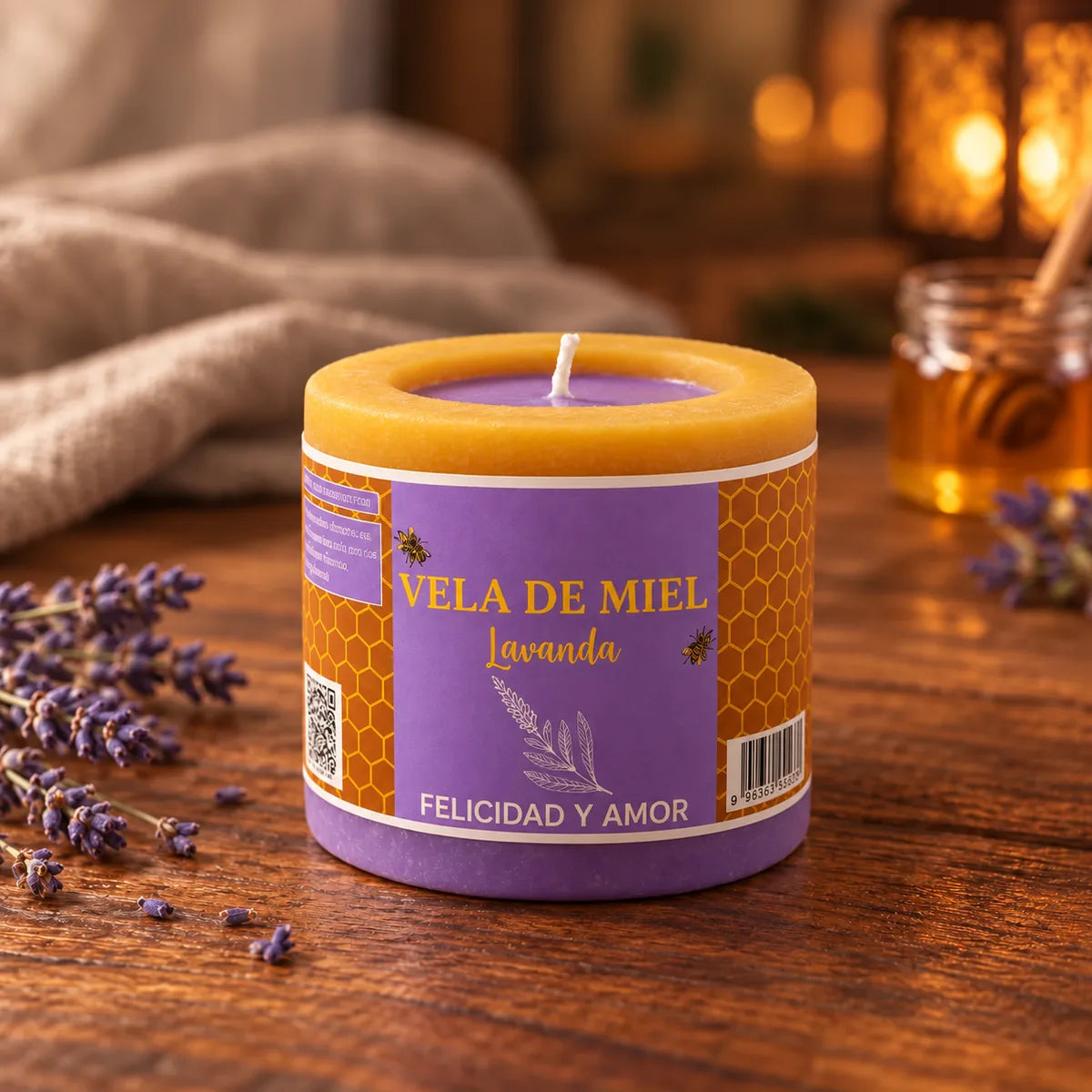 Vela de miel de lavanda VA sin plástico, con etiqueta y sin encender