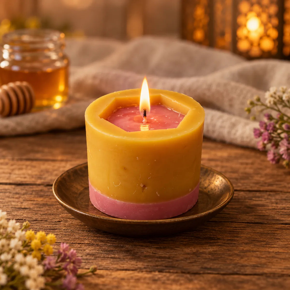 Vela de miel de milflores VA, 7 × 8 cm – encendida y sin envoltorio sobre un plato