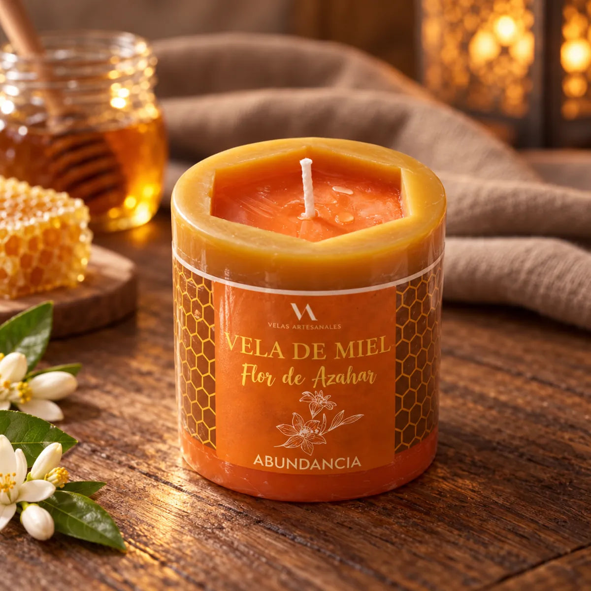 Vela de miel de azahar VA, 7 × 8 cm – sin encender con su etiqueta original
