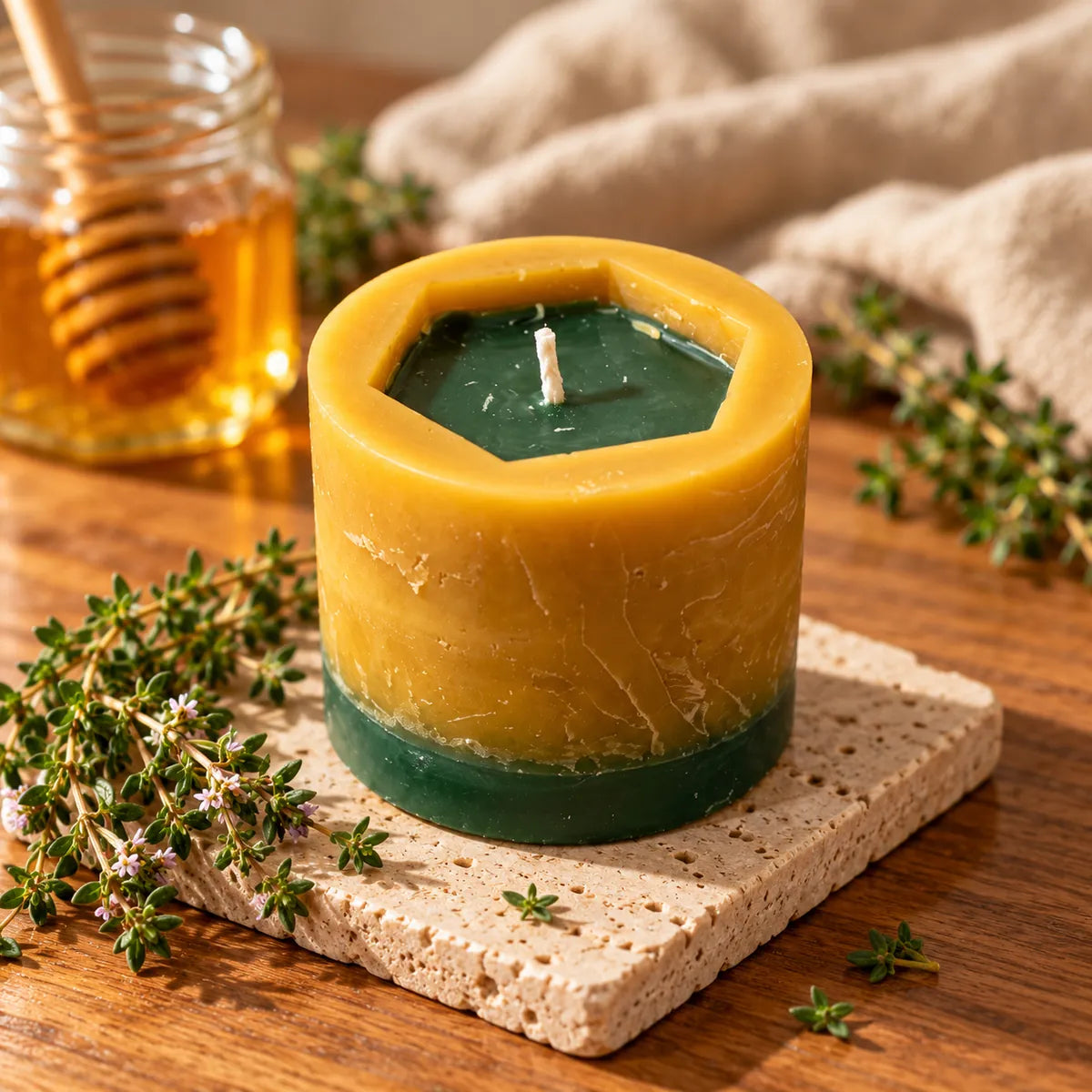 Vela de miel de tomillo VA – detalle de la cera color miel y verde