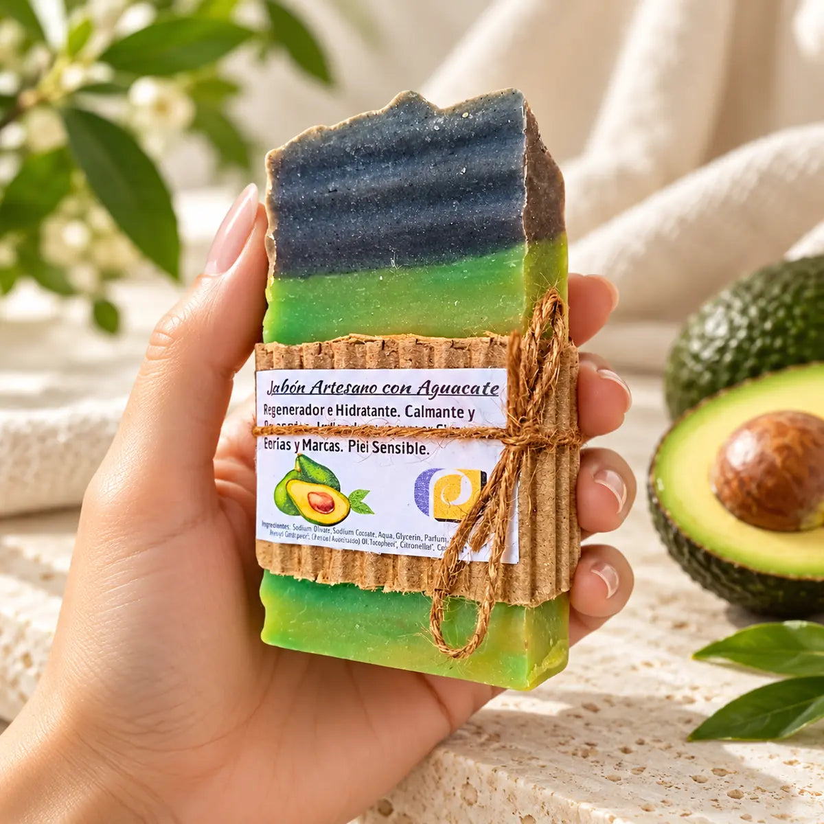 Jabón artesanal de aguacate sostenido en una mano