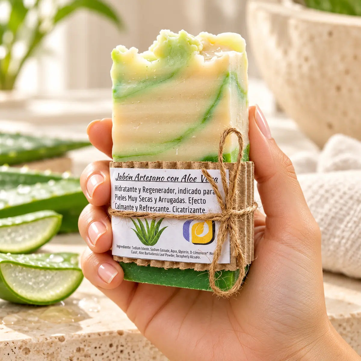 Jabón artesanal de aloe vera sostenido en una mano