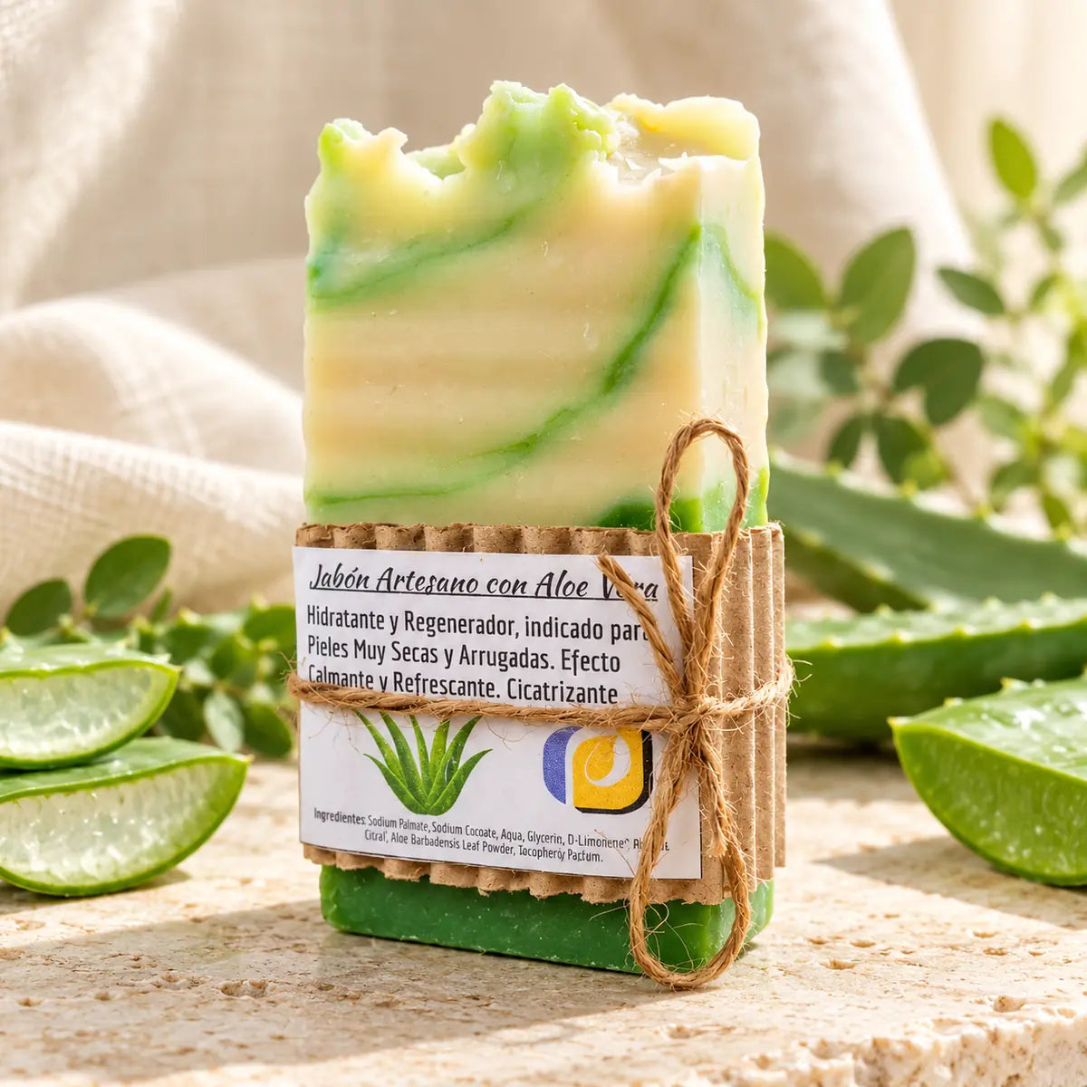 Jabón artesanal de aloe vera con su envoltorio