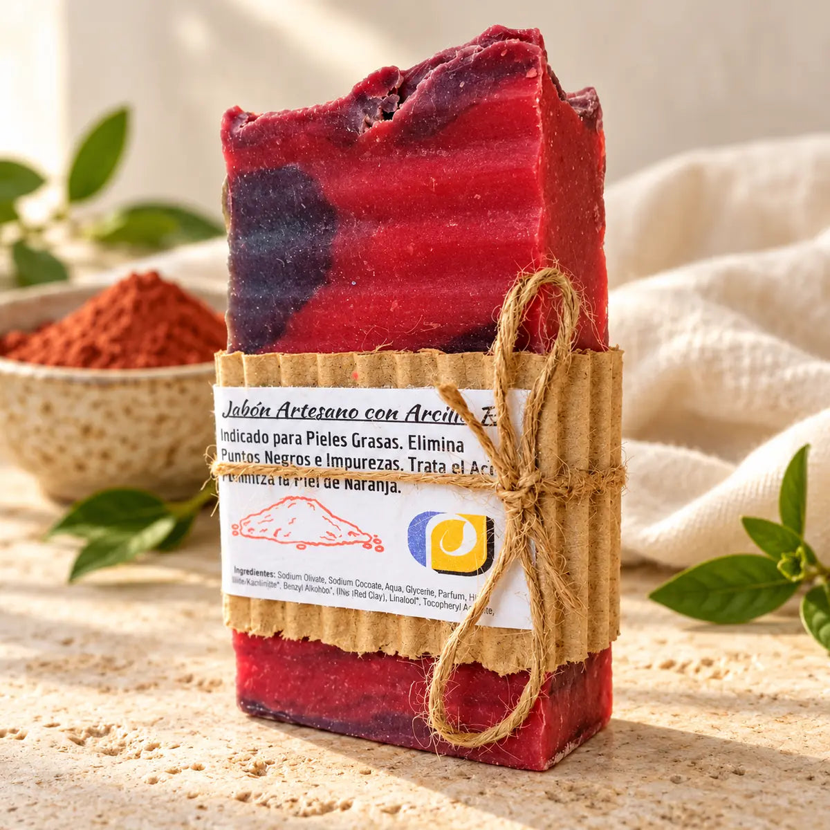 Jabón artesanal de arcilla roja con su envoltorio
