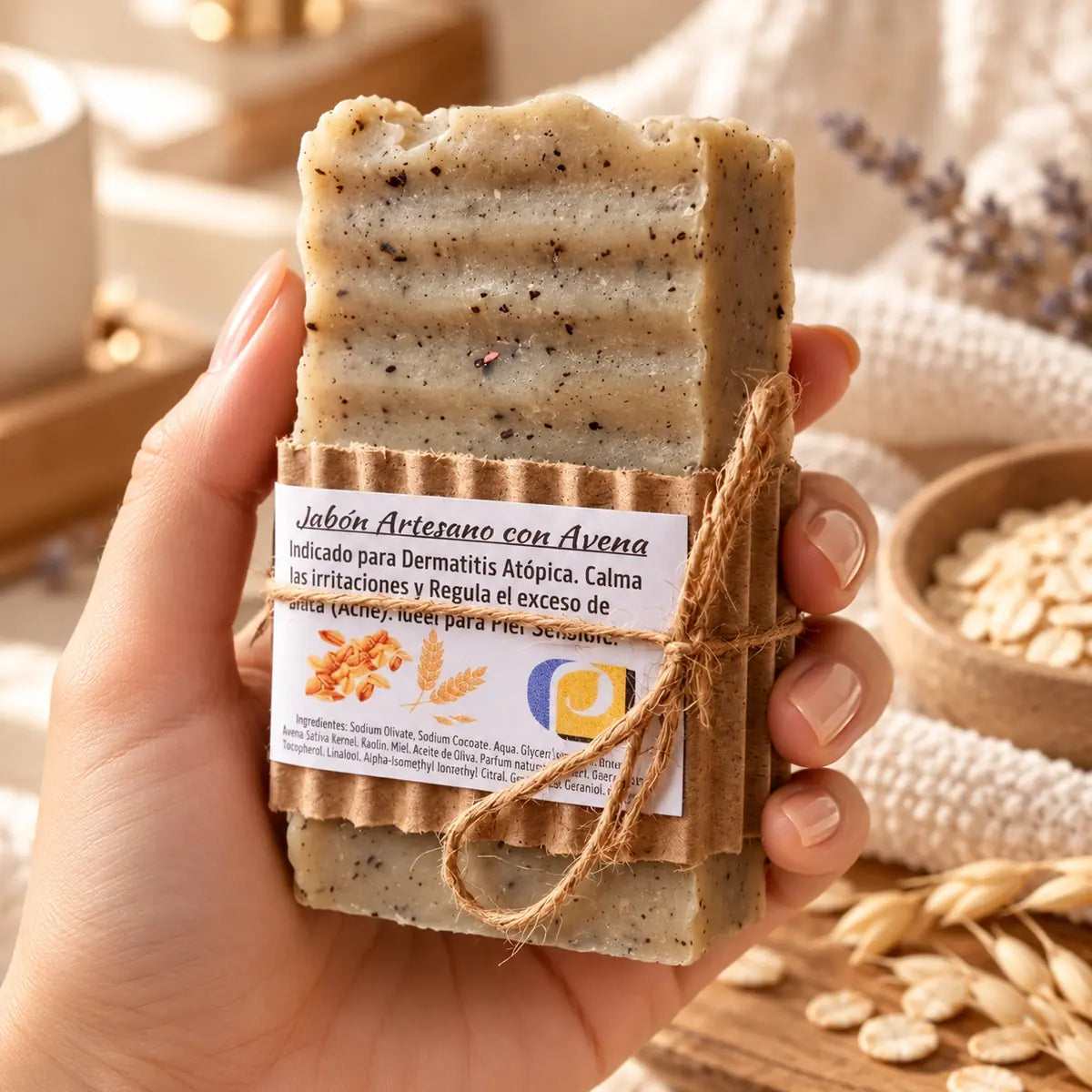 Jabón artesanal de avena sostenido en una mano