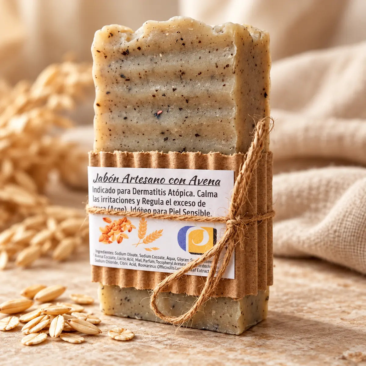 Jabón artesanal de avena con su envoltorio
