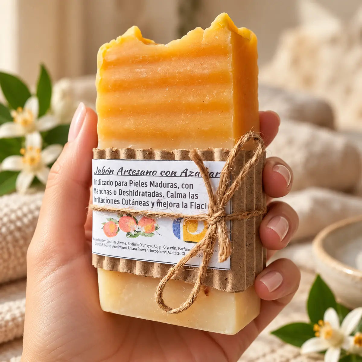 Jabón artesanal de azahar sostenido en una mano
