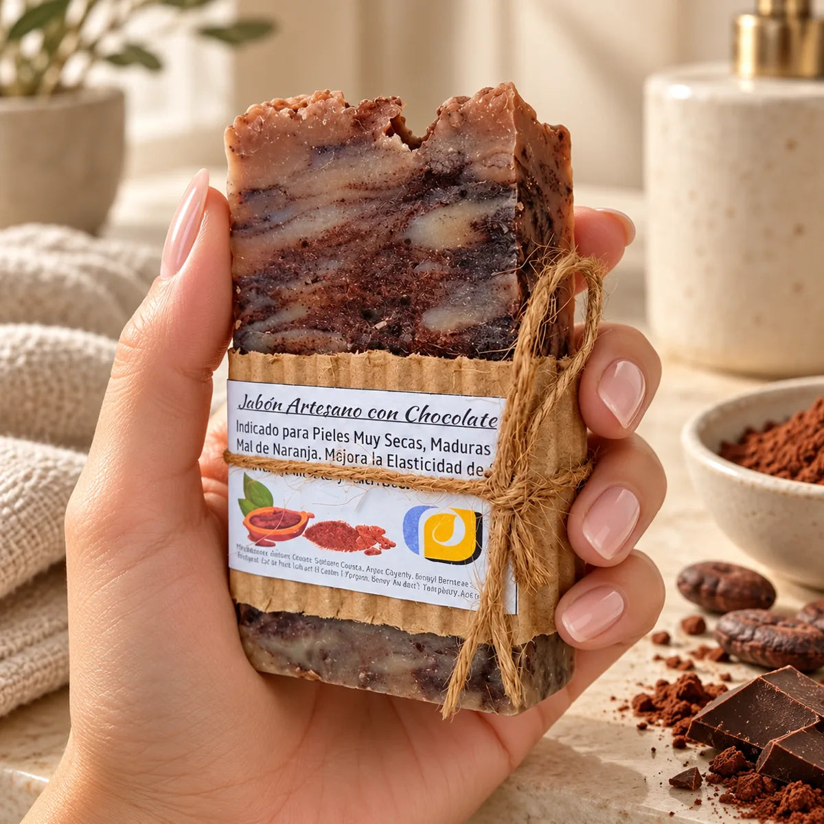 Jabón artesanal de chocolate: sostenido en la mano