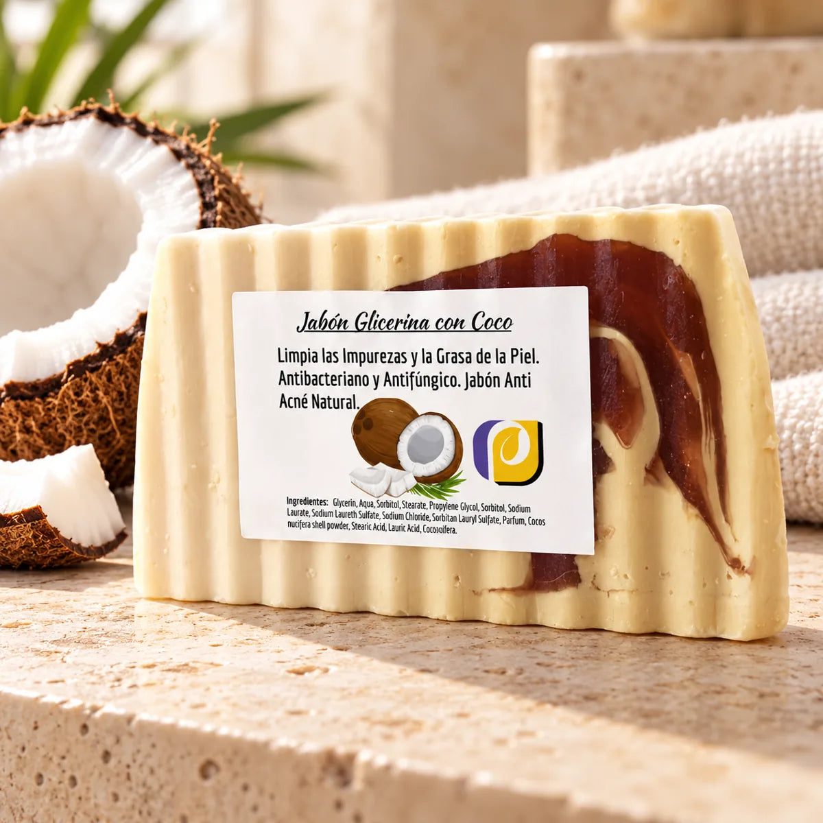 Jabón de glicerina vegetal con coco con etiqueta junto a coco fresco