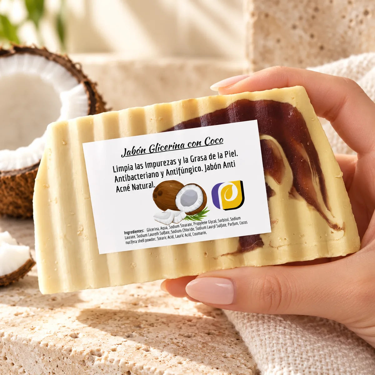 Jabón de glicerina con coco sostenido en una mano con manicura
